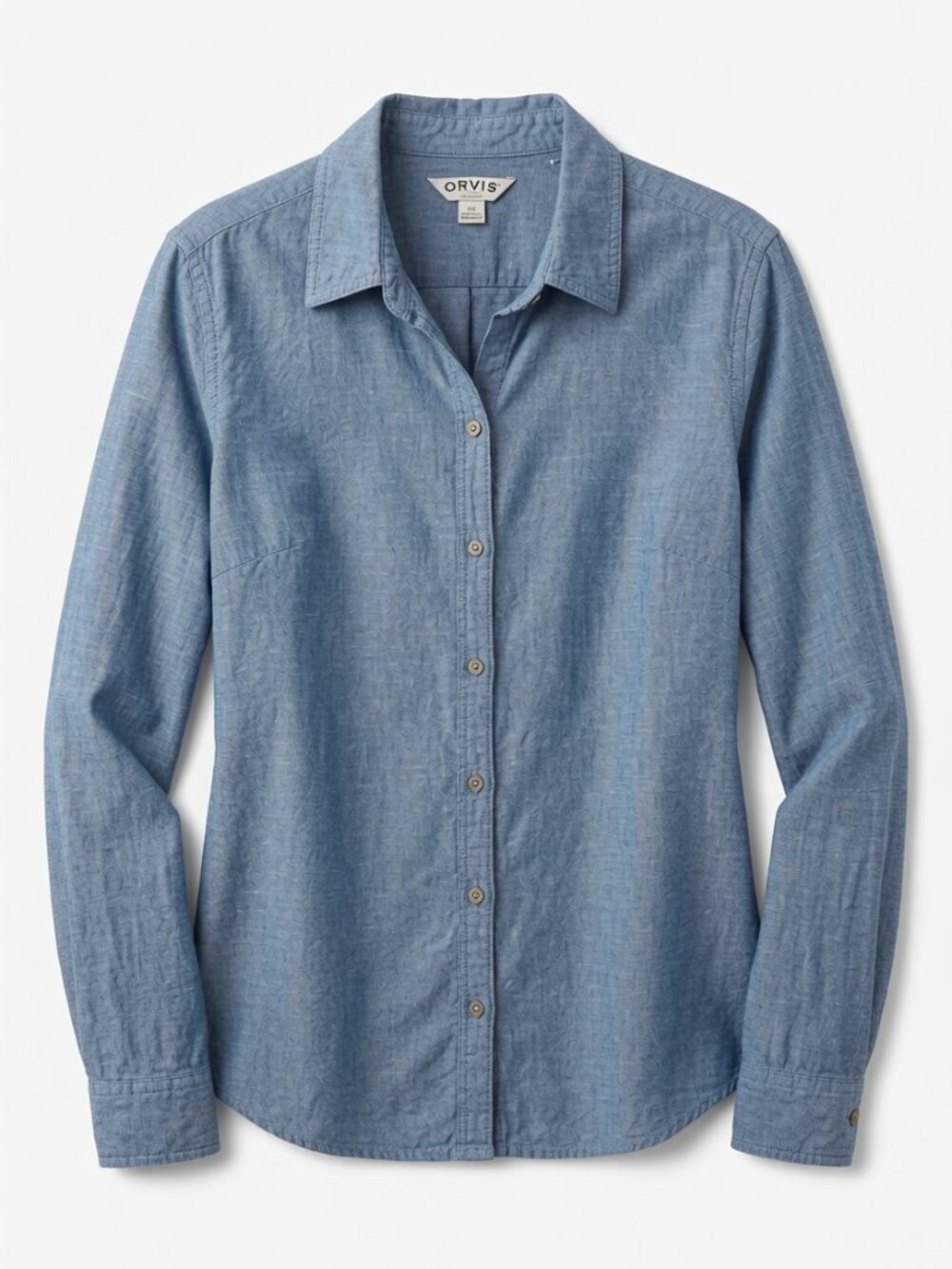 ORVIS Shirt Womens L Linen Blend Classic Roll Tab Sleeve Button Blue Coastal EUC